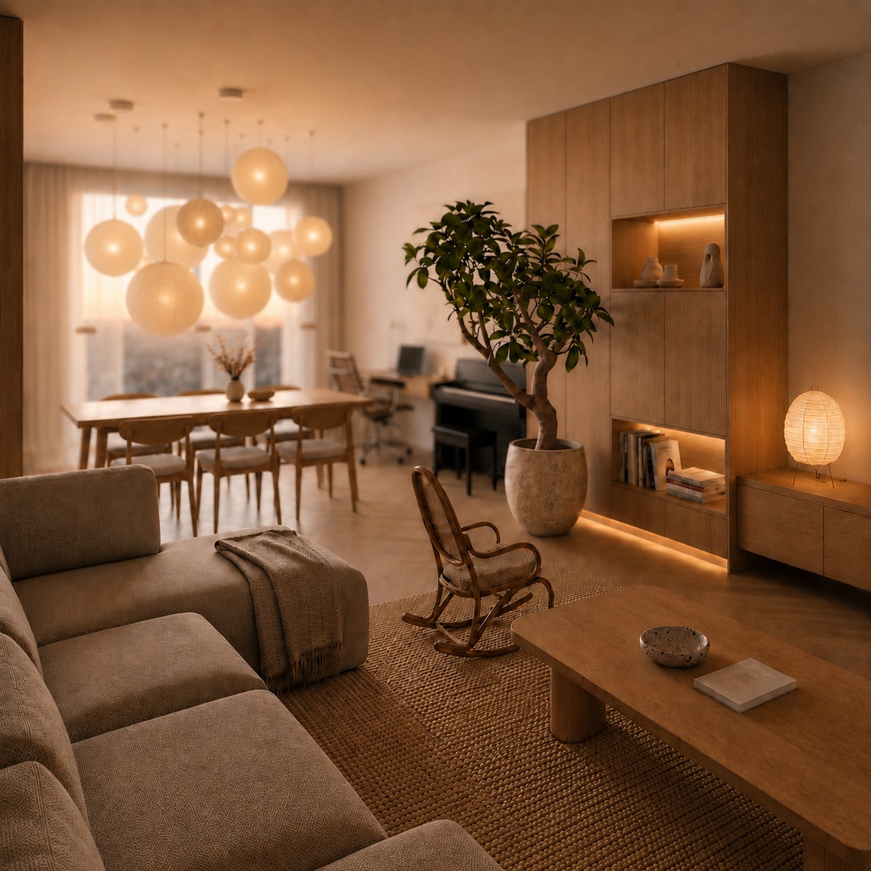 Japandi conceptbeeld, warm avondinterieur met papieren lampions, oak eettafel en akari sfeerverlichting