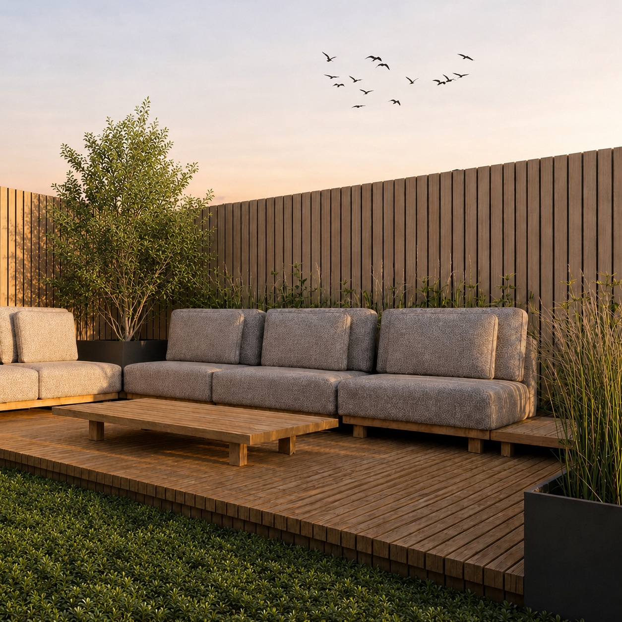 Avondtuin, Tuinontwerp met lange bank en V-zwerm bij pre-dusk