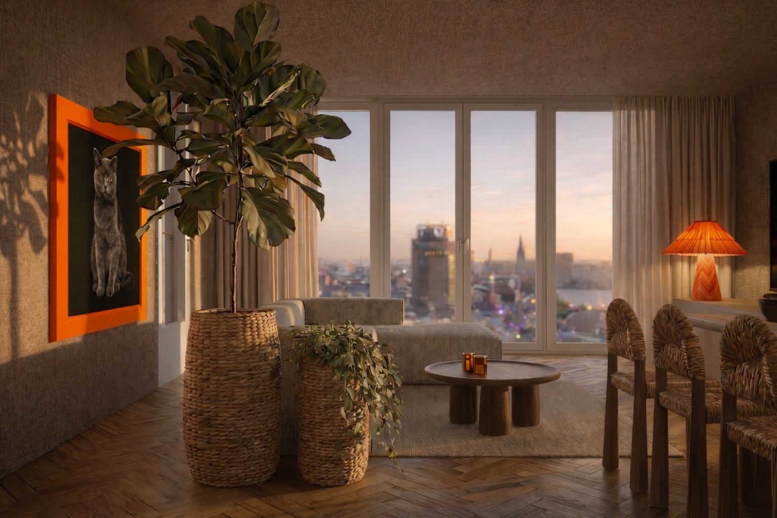 Woonkamer, warm avondinterieur met vijgenplant en city view
